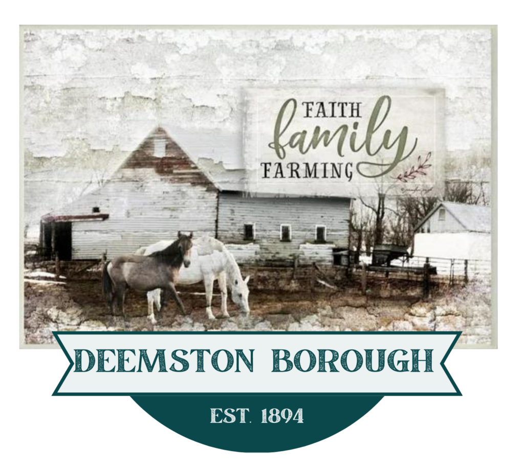 Deemston Borough logo, barn with horses in front. "Faith, family, farming. Deemston borough EST 1894"